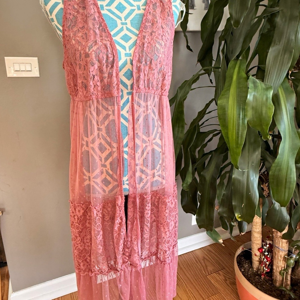 Self Esteem Pink Sheer Lace Mesh V-Neck Sleeveless Midi Shift Dress XL